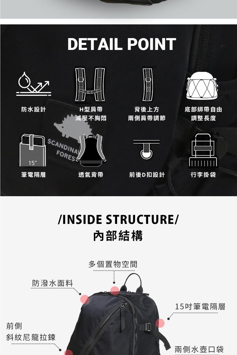底部抽繩設計,讓背包空間發揮到最大極致