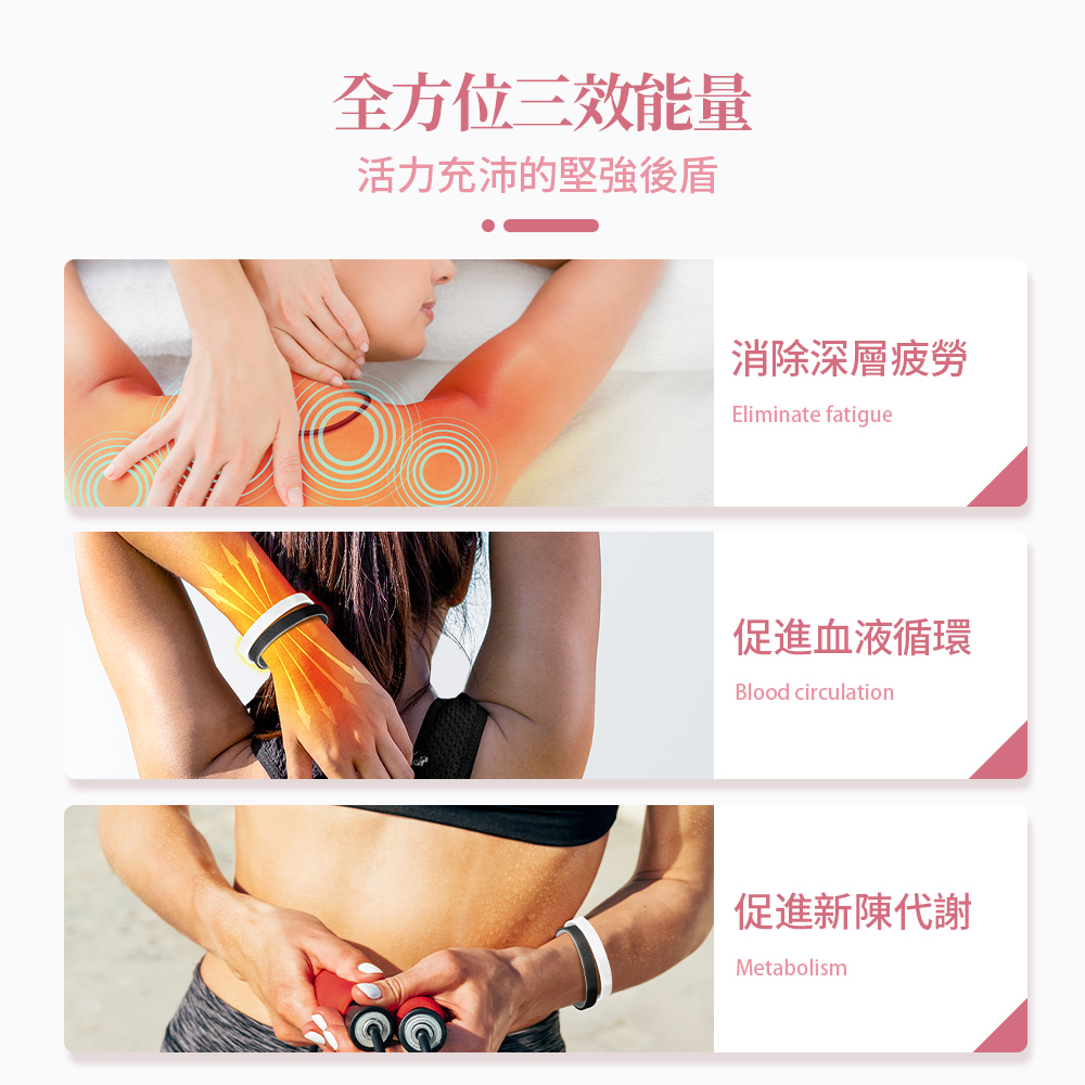 全方位三效能量 活力充沛的堅強後盾 消除深層疲勞 促進血液循環 促進新陳代謝 