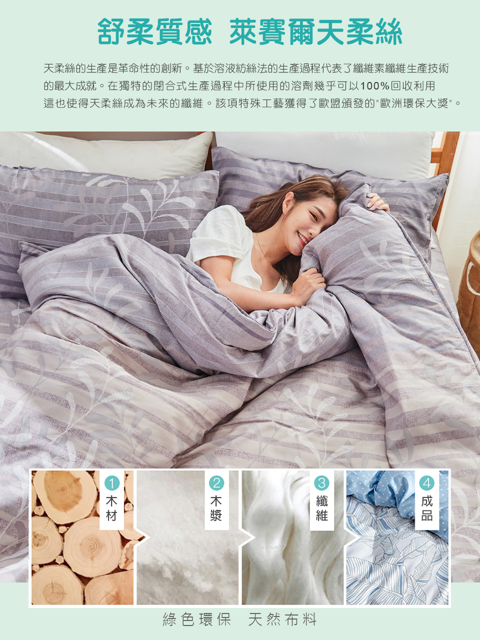 舒柔質感 萊賽爾天柔絲 天柔絲的生產是革命性的創新。基於溶液紡絲法的生產過程代表了纖維素纖維生產技術 的最大成就。在獨特的閉合式生產過程中所使用的溶劑幾乎可以100%回收利用 這也使得天柔絲成為未來的纖維。該項特殊工藝獲得了歐盟頒發的歐洲環保大獎。 綠色環保 天然布料 
