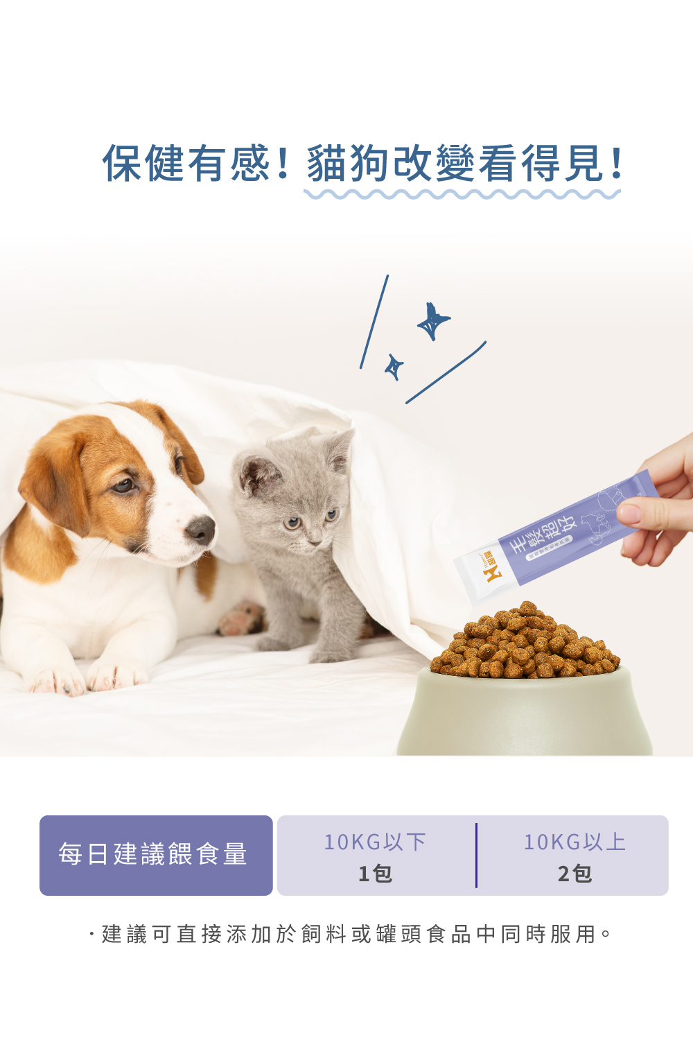建議可直接添加於飼料或罐頭食品中同時服用。