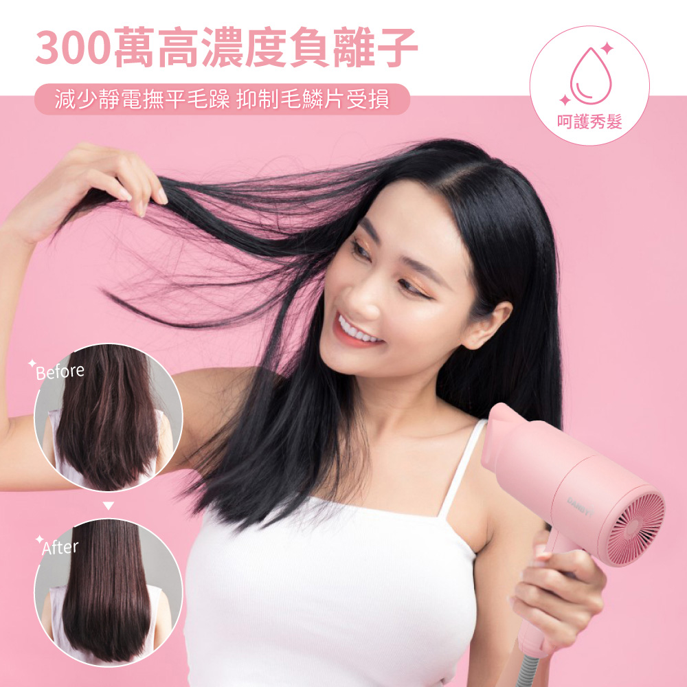 300萬高濃度負離子 減少靜電撫平毛躁 抑制毛鱗片受損 呵護秀髮 