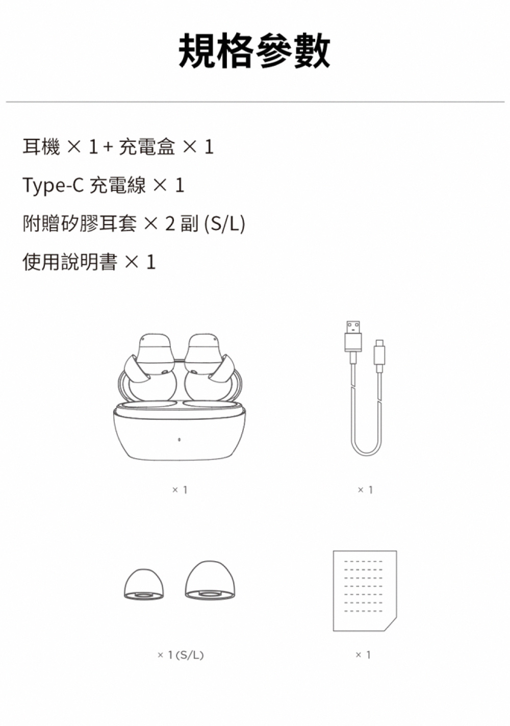 規格參數 耳機  1  充電盒 1 TypeC 充電線 1 附贈矽膠耳套  2 副SL 使用說明書 1 