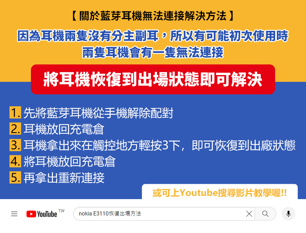 3. 耳機拿出來在觸控地方輕按3下,即可恢復到出廠狀態