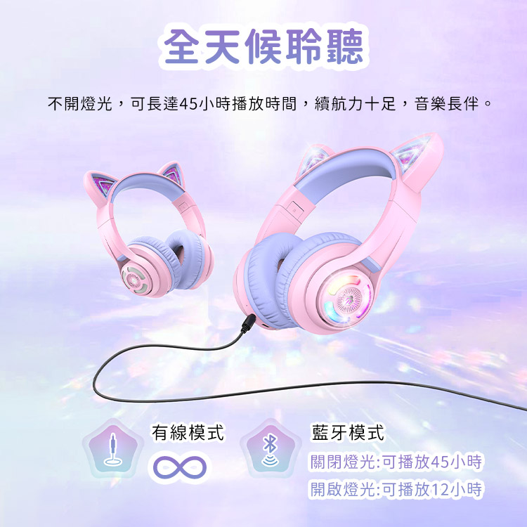 不開燈光,可長達45小時播放時間,續航力十足,音樂長伴。