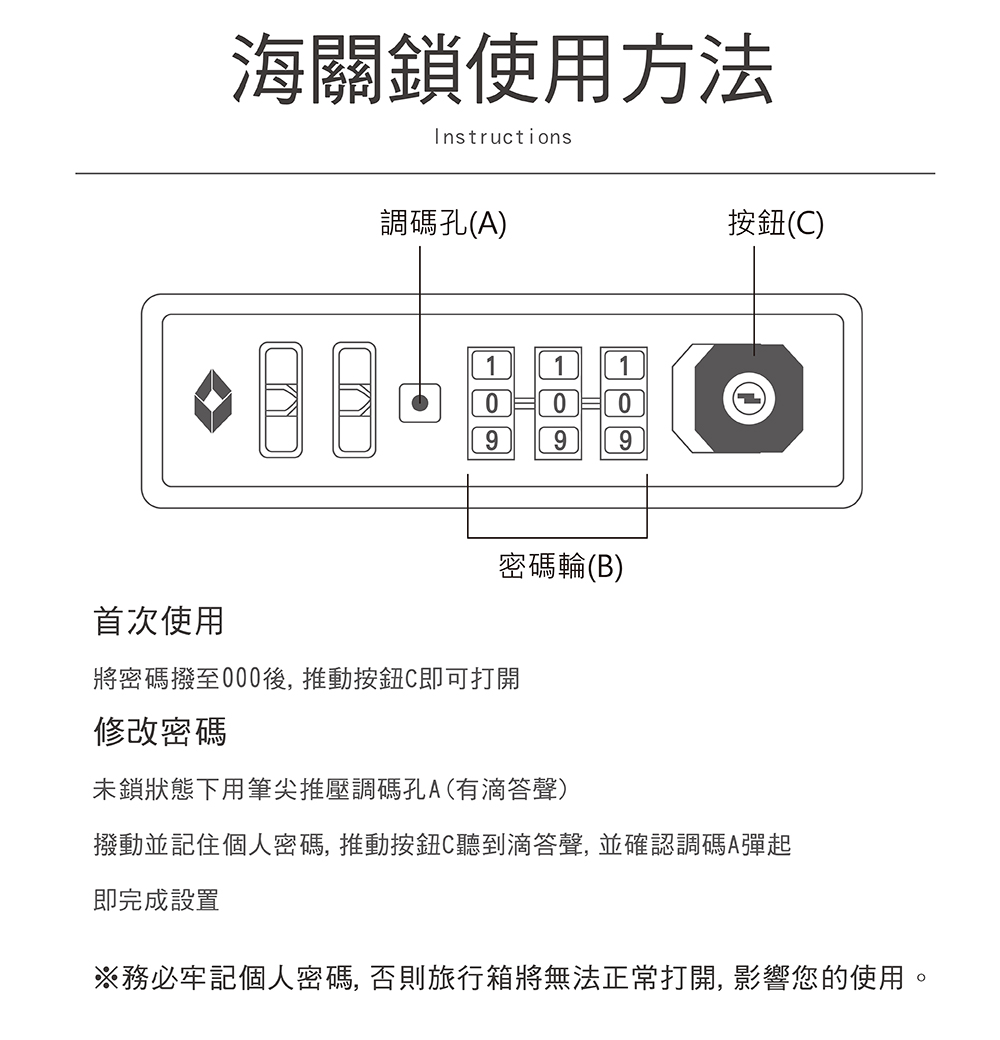 撥動並記住個人密碼, 推動按鈕C聽到滴答聲, 並確認調碼A彈起