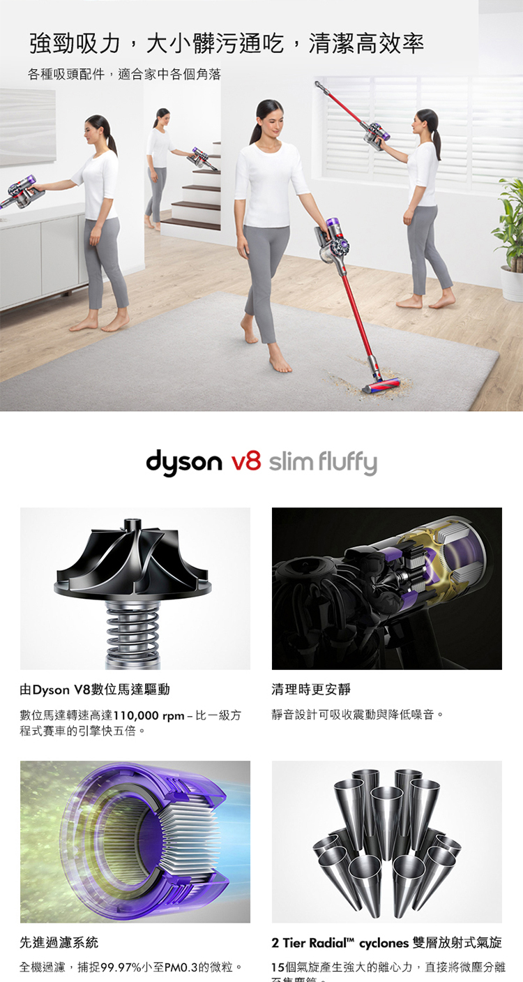 Dyson V8 slim fluffy 無線吸塵器｜送體脂計、副廠架、低處轉接〈有點