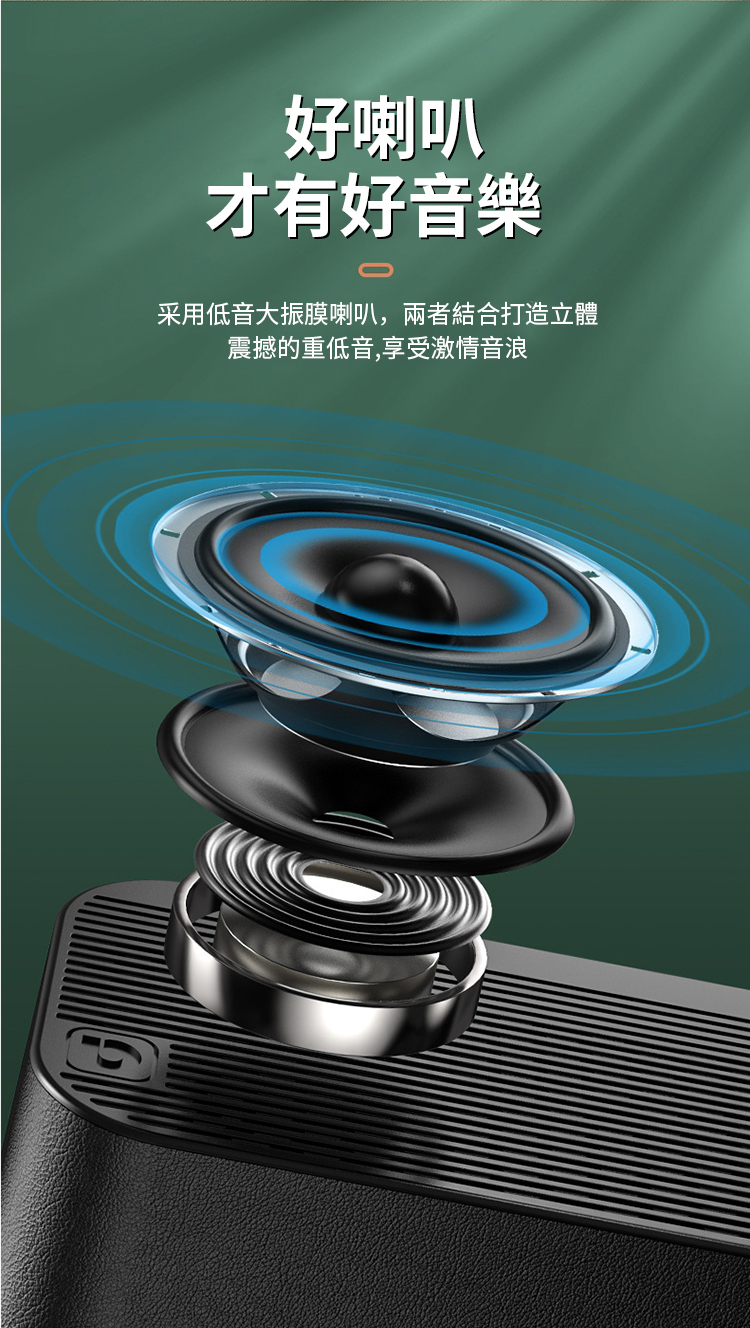 好喇叭 才有好音樂 采用低音大振膜喇叭,兩者結合打造立體 震撼的重低音,享受激情音浪 