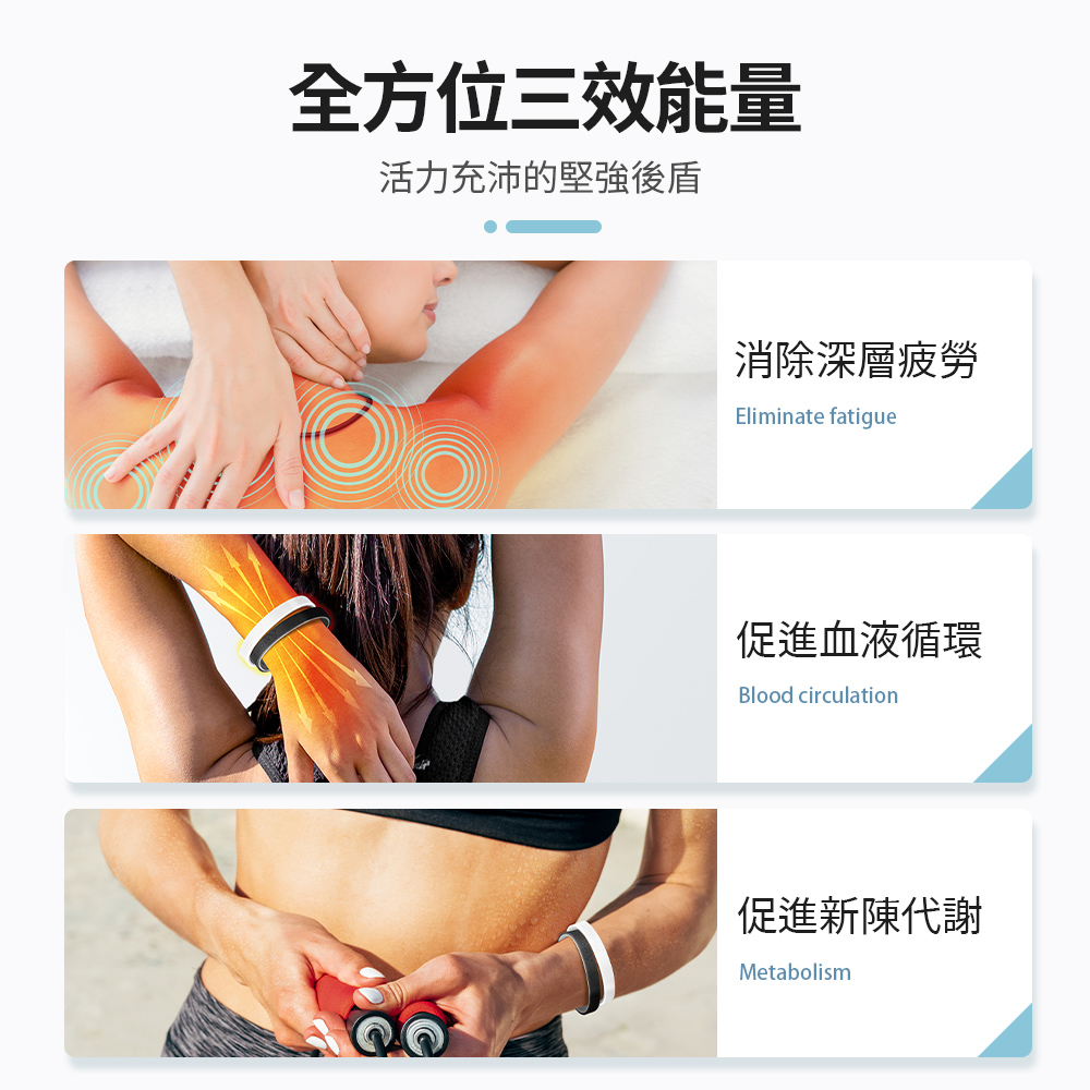 全方位三效能量 活力充沛的堅強後盾 消除深層疲勞 促進血液循環 促進新陳代謝 