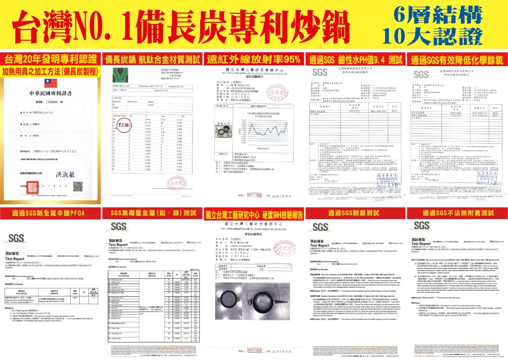 台灣20年發明專利認證 備長炭鍋 航鈦合金材質測試  遠紅外線放射率95%  通過SGS 鹼性水PH值9.4 測試通過SGS有效降低化學餘氯