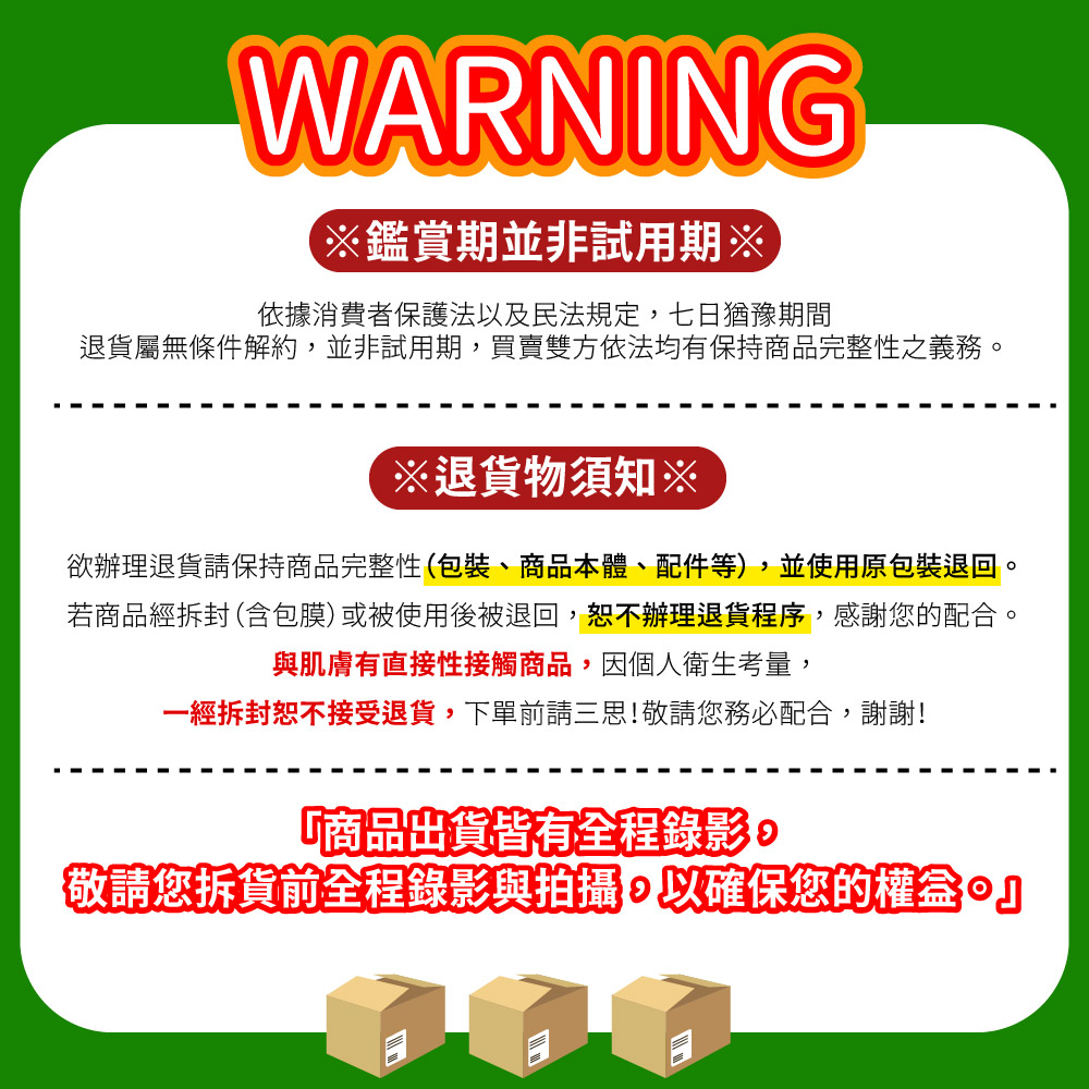 退貨屬無條件解約,並非試用期,買賣雙方依法均有保持商品完整性之義務。