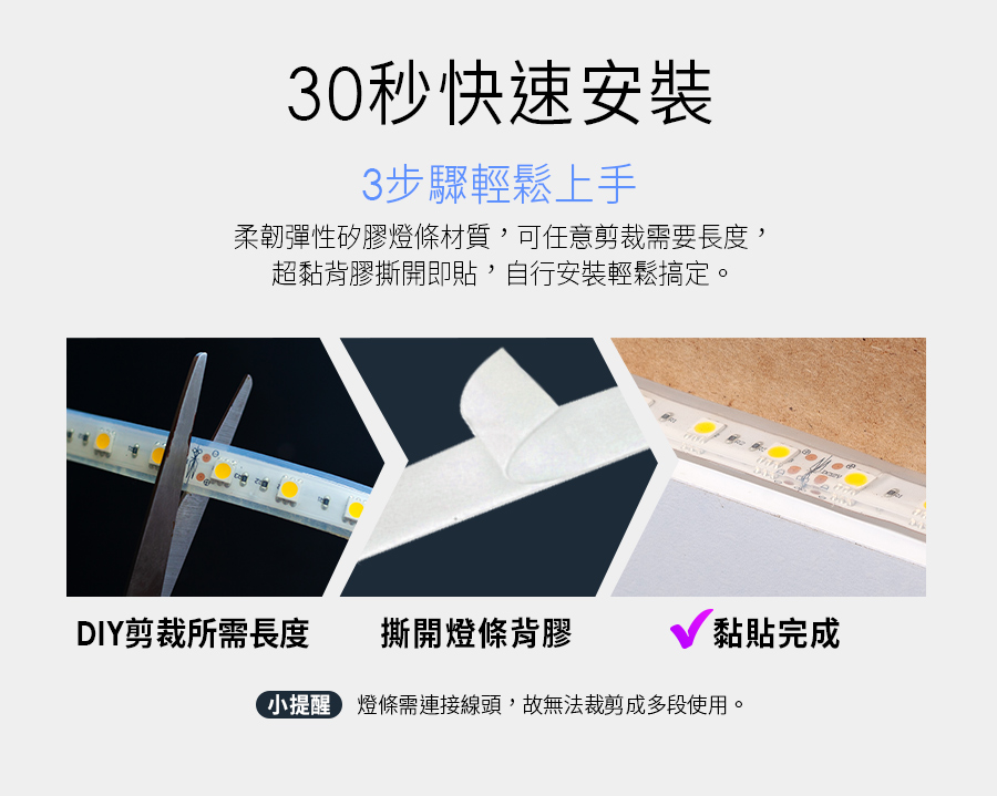 小提醒燈條需連接線頭,故無法裁剪成多段使用。