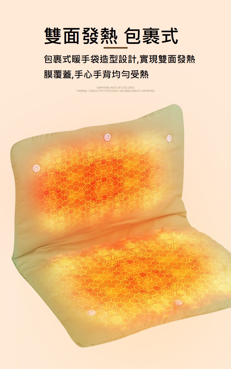 雙面發熱 包裹式 包裹式暖手袋造型設計,實現雙面發熱 膜覆蓋,手心手背均勻受熱 