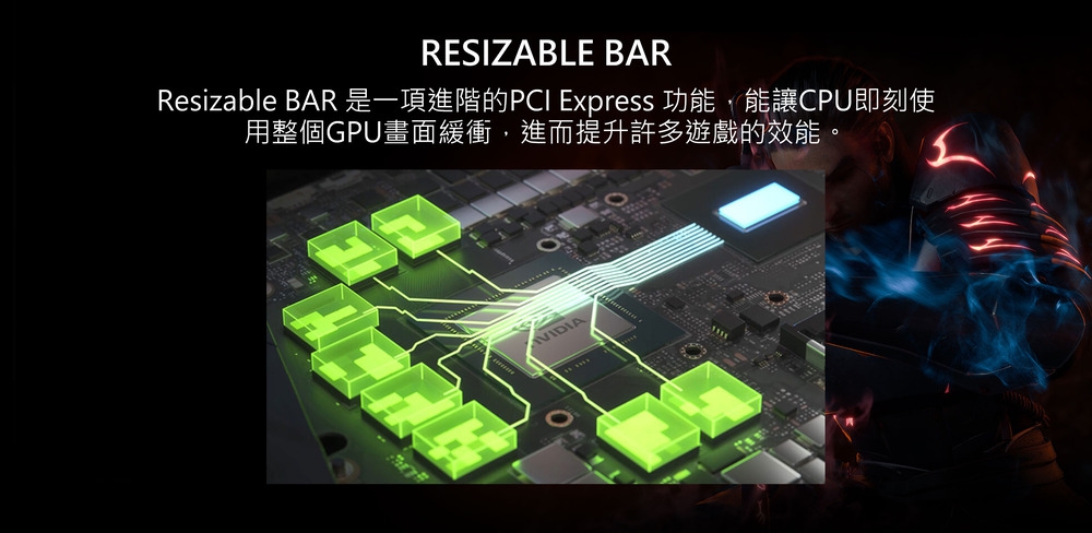 Resizable BAR 是一項進階的PCI Express 功能,能讓CPU即刻使 用整個GPU畫面緩衝,進而提升許多遊戲的效能。 