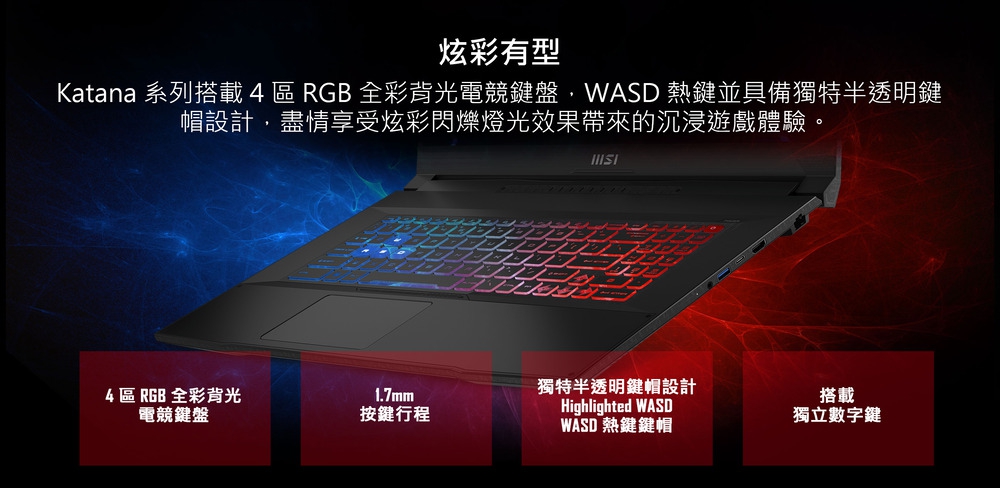 Katana 系列搭載 4 區 RGB 全彩背光電競鍵盤,WASD 熱鍵並具備獨特半透明鍵