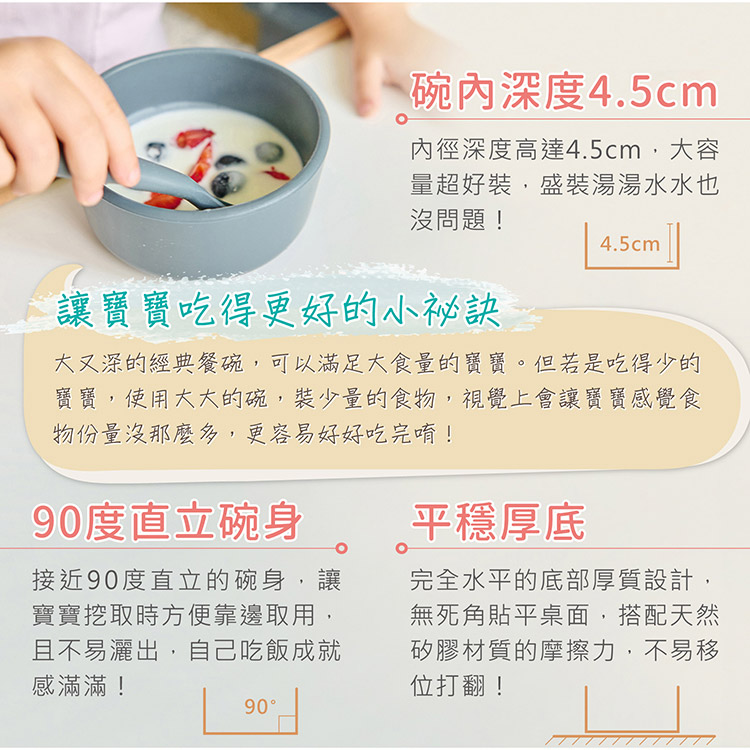 大又深的經典餐碗,可以滿足大食量的寶寶。但若是吃得少的