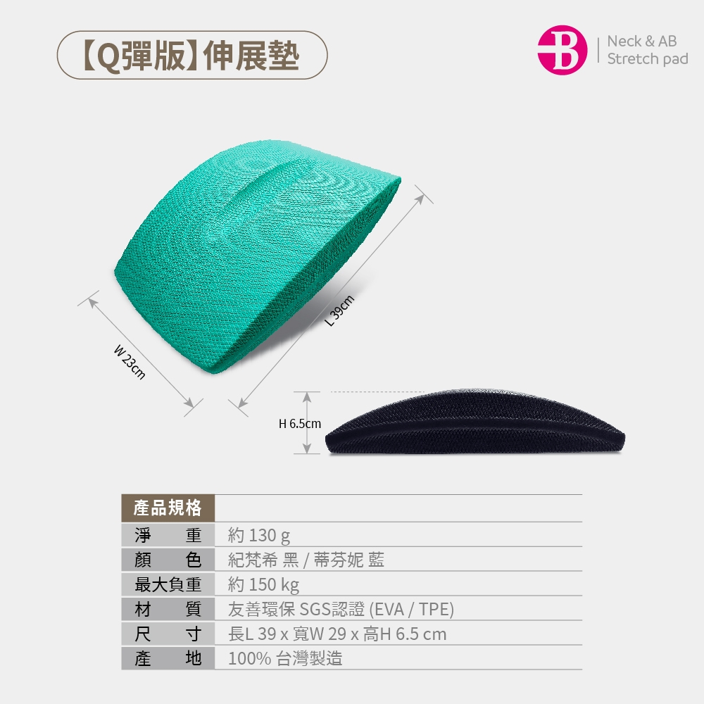Q彈版】伸展墊 23cmH 6.5cmL 39cm產品規格淨 重約 130 g顏色紀梵希 黑/蒂芬妮 藍最大負重約 150 kg材 質友善環保 SGS認證(EVA/TPE)尺 產寸長L 39 x W 29 x 高H 6.5 cm100%台灣製造Neck & ABStretch pad
