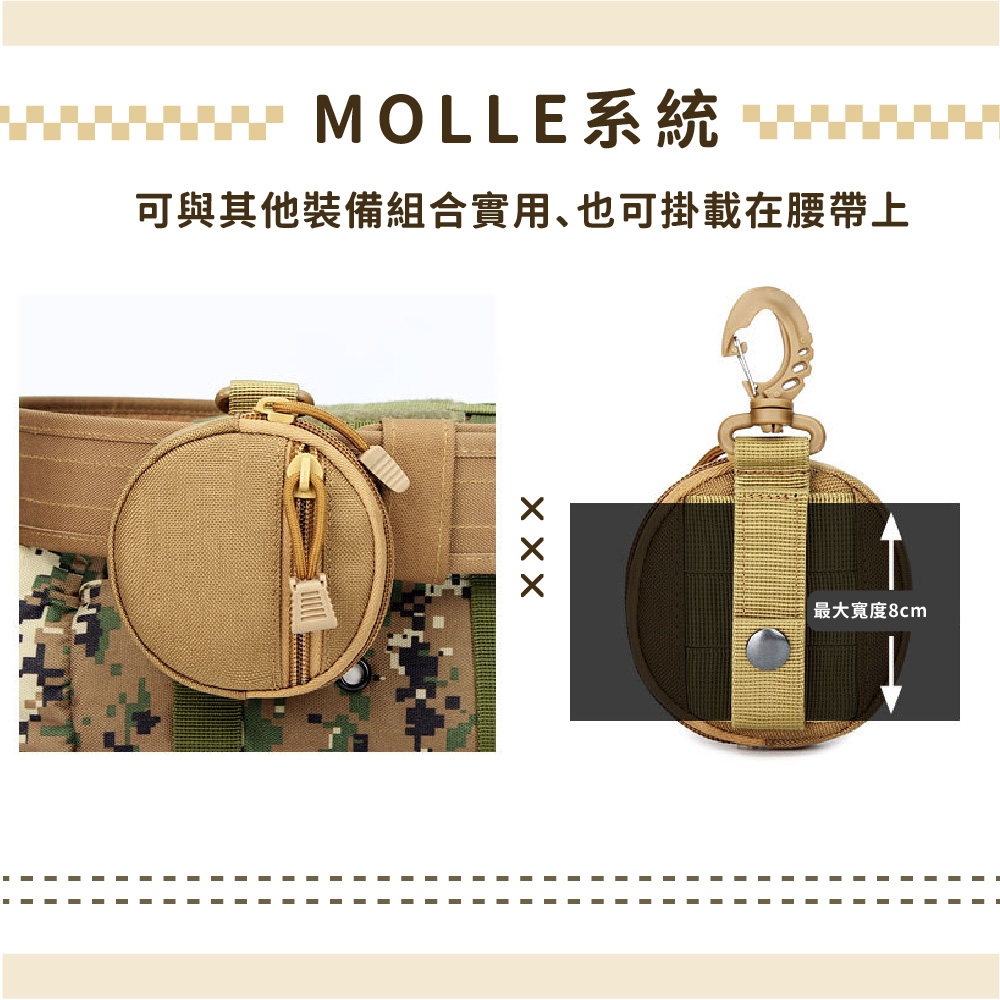 MOLLE系統 可與其他裝備組合實用也可掛載在腰帶上 最大寬度8cm 