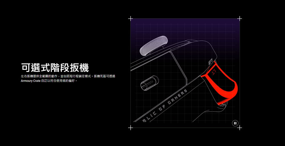 可選式階段扳機 左右扳機提供全範圍的動作,並包括短行程鎖定模式,扳機死區可透過 Armoury Crate 自訂以符合使用者的偏好。