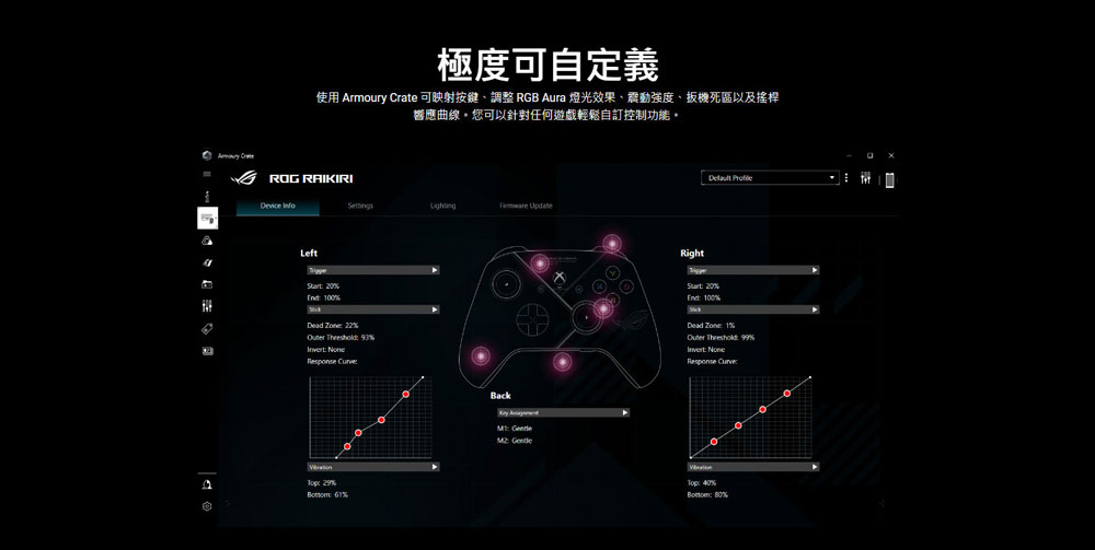 極度可自定義 使用 Armoury Crate 可映射按鍵、調整 RGB Aura 燈光效果、震動強度、扳機死區以及搖桿 響應曲線。您可以針對任何遊戲輕鬆自訂控制功能。