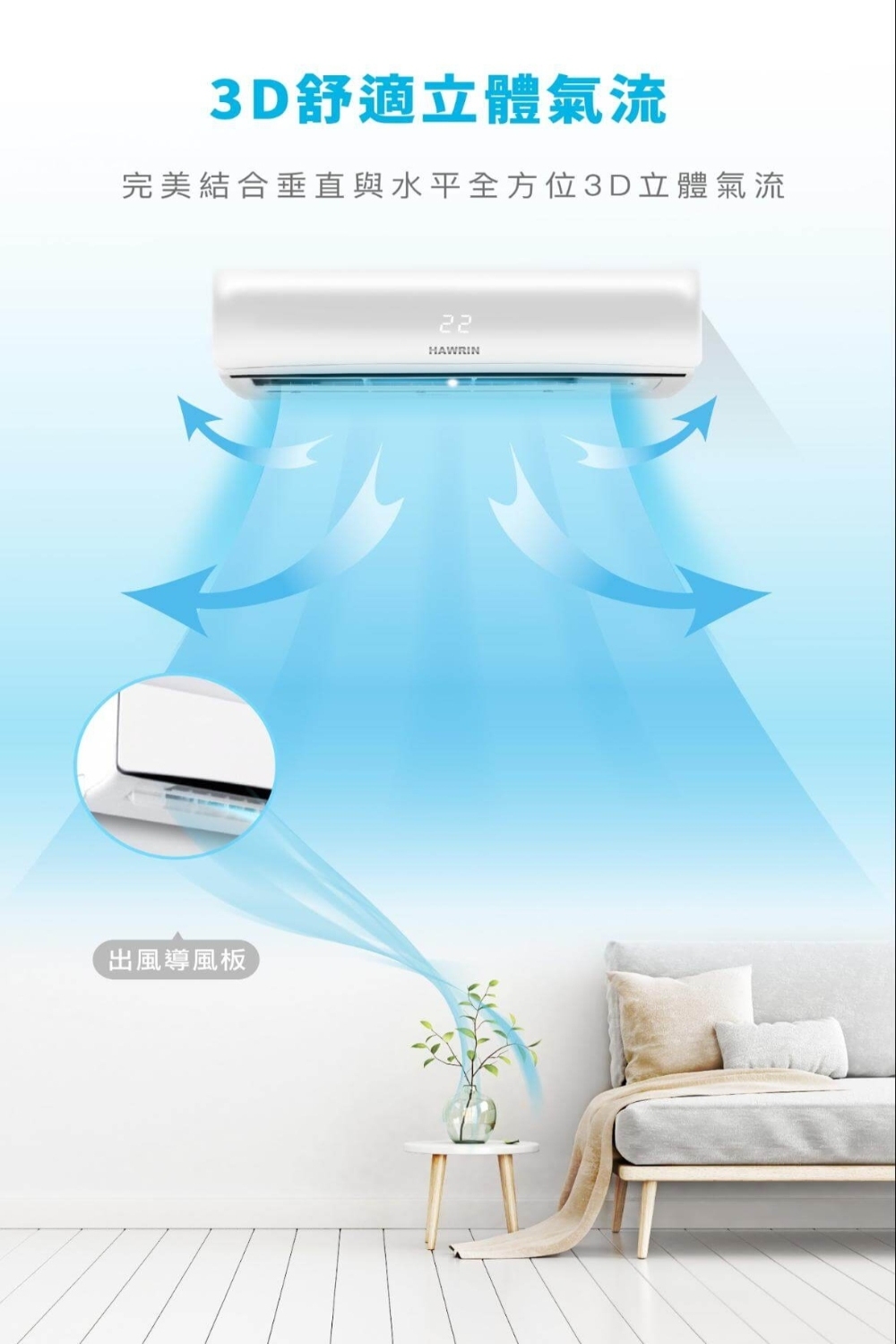 3D舒適立體氣流 完美結合垂直與水平全方位3D立體氣流 出風導風板