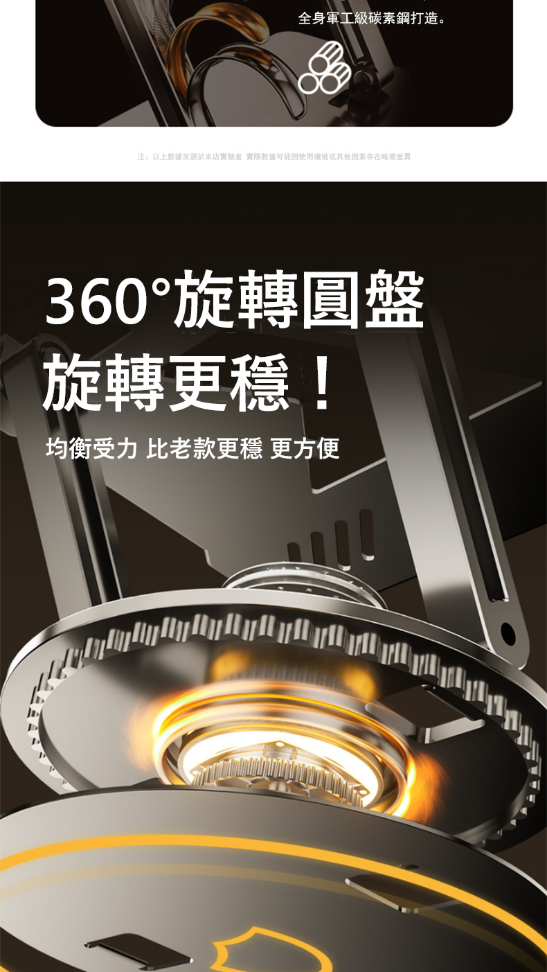 全身軍工級碳素鋼打造。 注以上數據來源於本店實驗室 實際數值可能因使用環境或其他因素存在略微差異 360旋轉圓盤 旋轉更穩 均衡受力 比老款更穩 更方便 