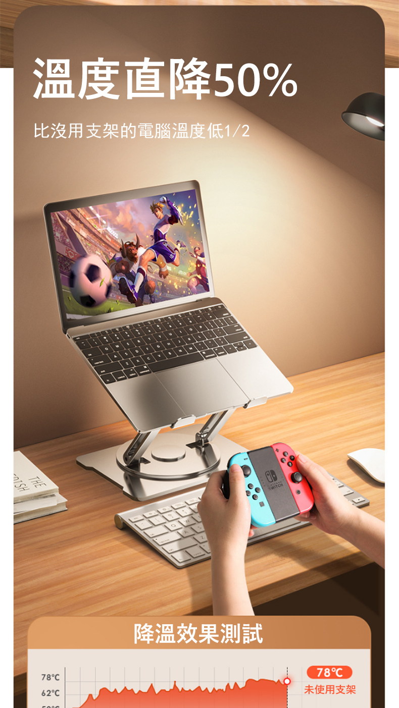 溫度直降50% 比沒用支架的電腦溫度低12 降溫效果測試 未使用支架 