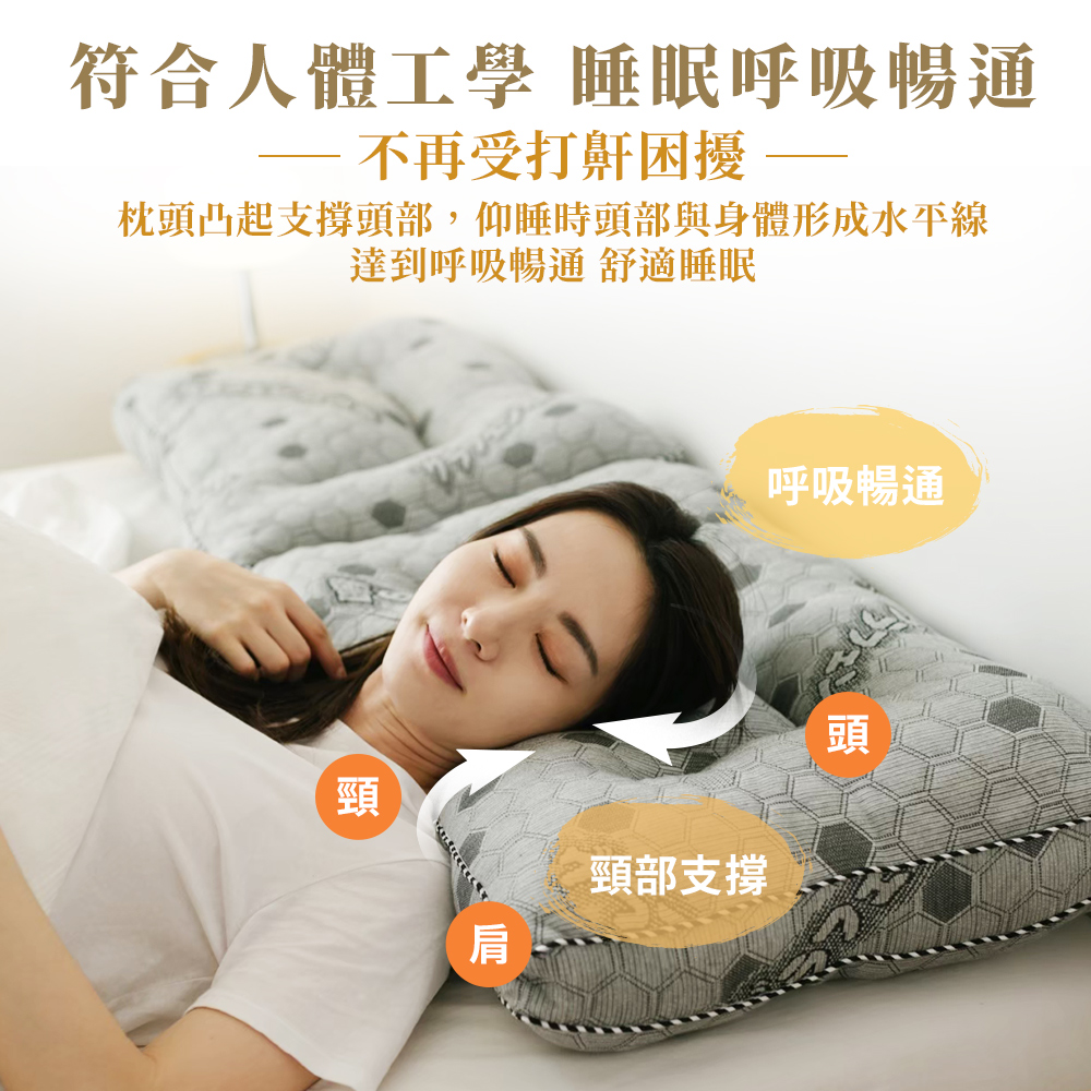 枕頭凸起支撐頭部,仰睡時頭部與身體形成水平線