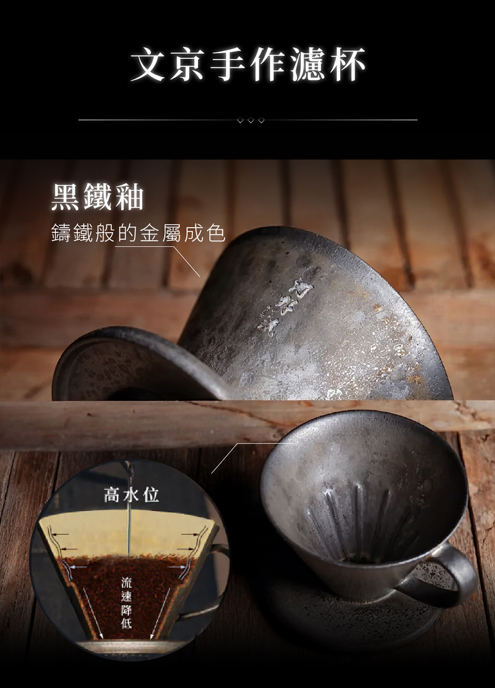 文京手作濾杯 黑鐵釉 鑄鐵般的金屬成色 高水位 流速降低 