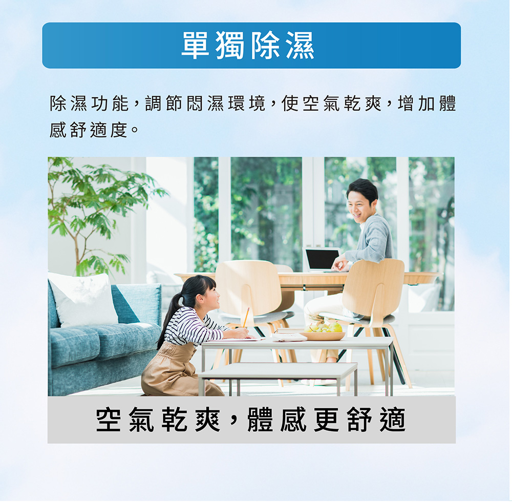 單獨除濕 除濕功能,調節悶濕環境,使空氣乾爽,增加體 感舒適度。 空氣乾爽,體感更舒適