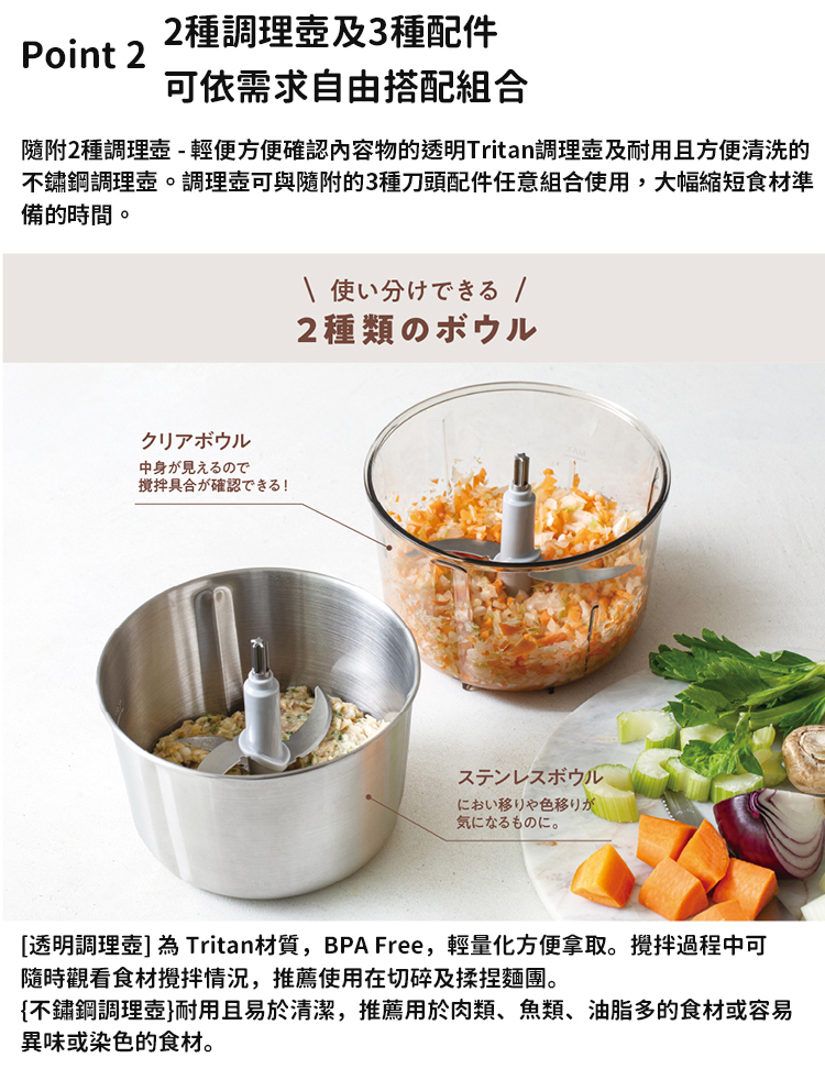 隨附2種調理壺  輕便方便確認內容物的透明Tritan調理壺及耐用且方便清洗的
