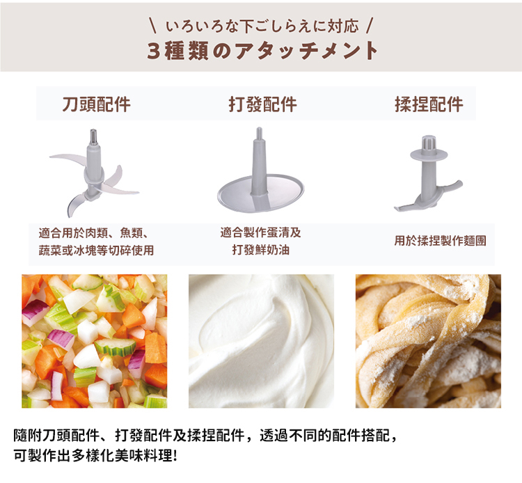 隨附刀頭配件、打發配件及揉捏配件,透過不同的配件搭配,