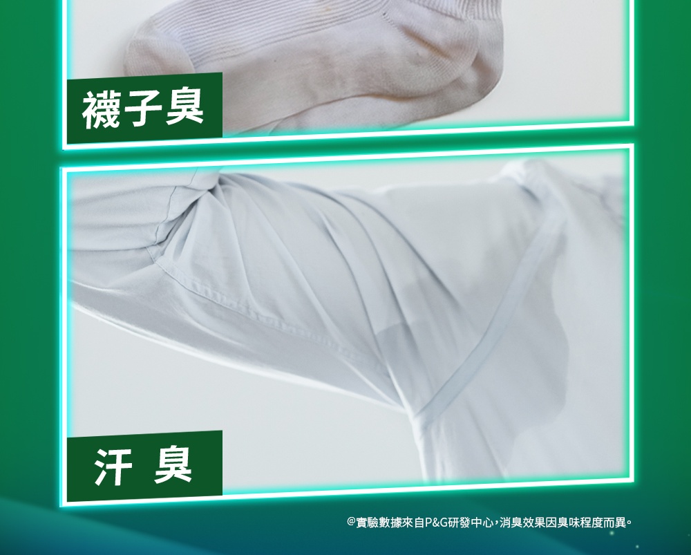 襪子臭 汗臭 實驗數據來自PG研發中心,消臭效果因臭味程度而異。 