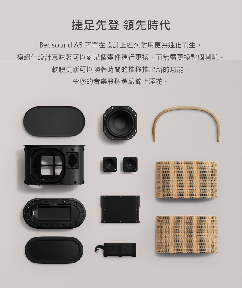 捷足先登 領先時代 Beosound A5 不單在設計上經久耐用更為進化而生。 模組化設計意味著可以對某個零件進行更換,而無需更換整個喇叭。 軟體更新可以隨著時間的推移推出新的功能, 令您的音樂聆聽體驗錦上添花。 