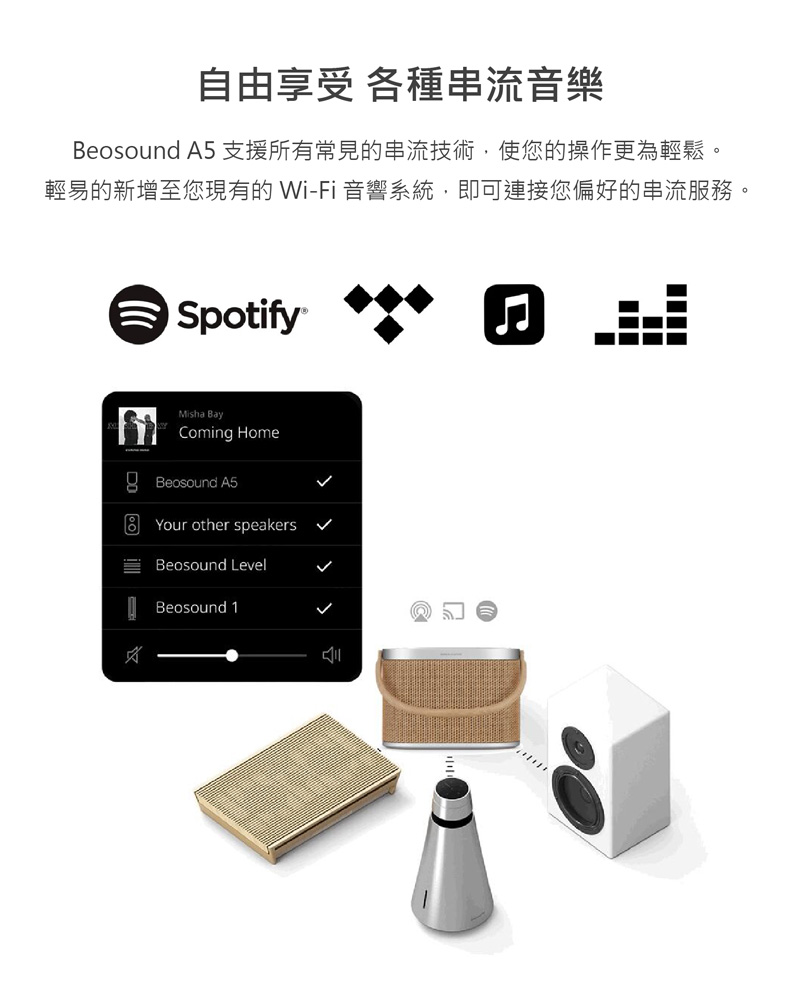 自由享受 各種串流音樂 Beosound A5 支援所有常見的串流技術,使您的操作更為輕鬆。 輕易的新增至您現有的 WiFi 音響系統,即可連接您偏好的串流服務。 
