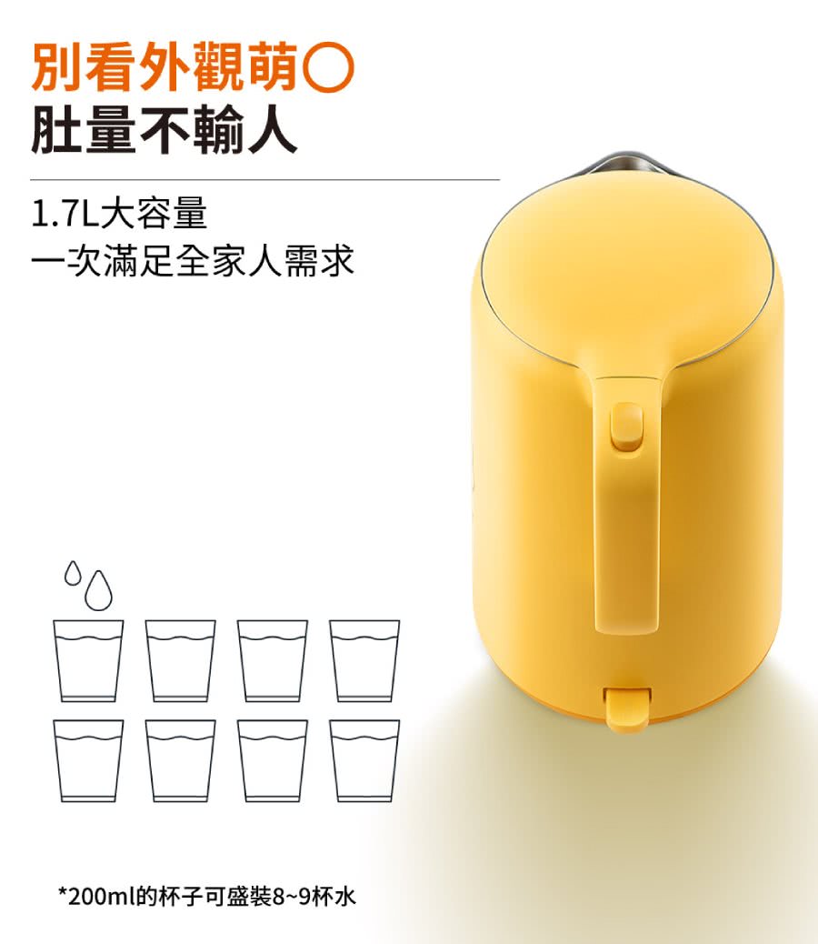 別看外觀萌 肚量不輸人 1.7L大容量 一次滿足全家人需求 200ml的杯子可盛裝89杯水 