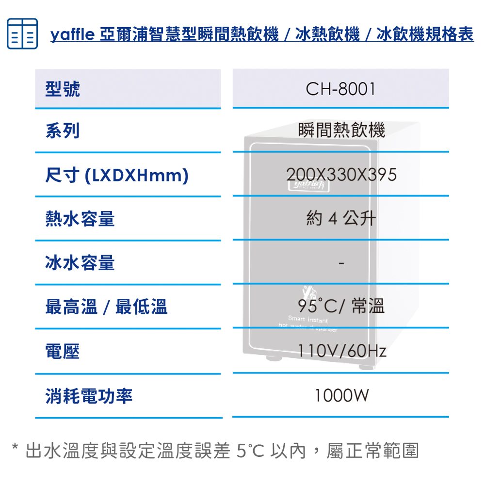 yaffle 亞爾浦智慧型瞬間熱飲機/冰熱飲機/冰飲機規格表型號CH-8001瞬間熱飲機系列尺寸(LXDXHmm)熱水容量200X330X395約4公升冰水容量最高溫/最低溫電壓95°C/ 常溫Smart instanthot 110V/60HZ消耗電功率1000W* 出水溫度與設定溫度誤差5以內,屬正常範圍