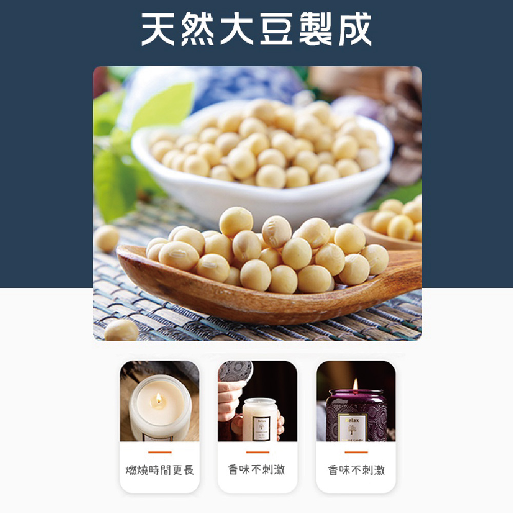 天然大豆製成 燃燒時間更長 香味不刺激 香味不刺激 