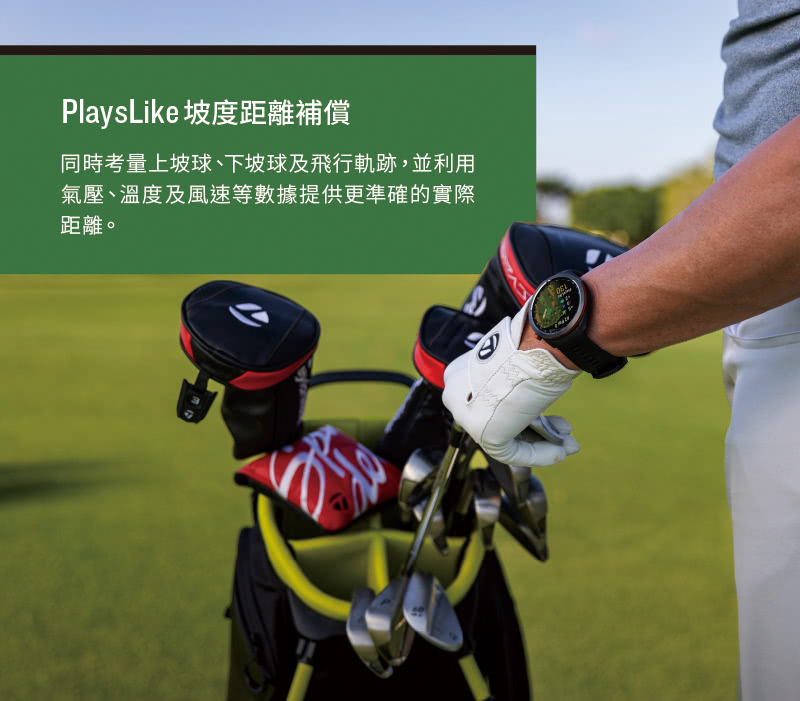 PlaysLike 坡度距離補償 同時考量上坡球、下坡球及飛行軌跡,並利用 氣壓、溫度及風速等數據提供更準確的實際 距離。 