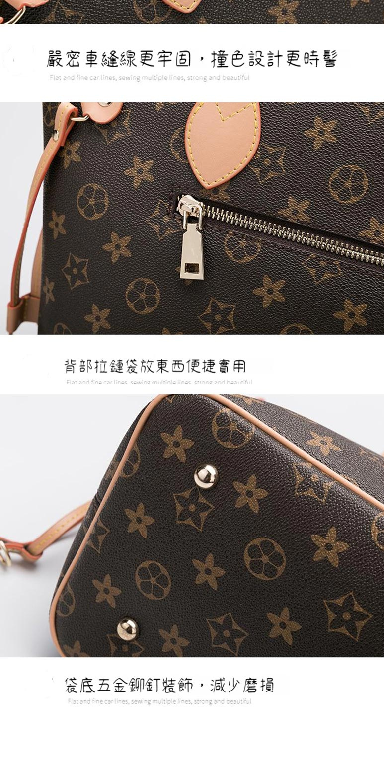 嚴密車縫線更牢固,撞色設計更時髻 背部拉鏈袋放東西便捷實用 袋底五金鉚釘裝飾,減少磨損 