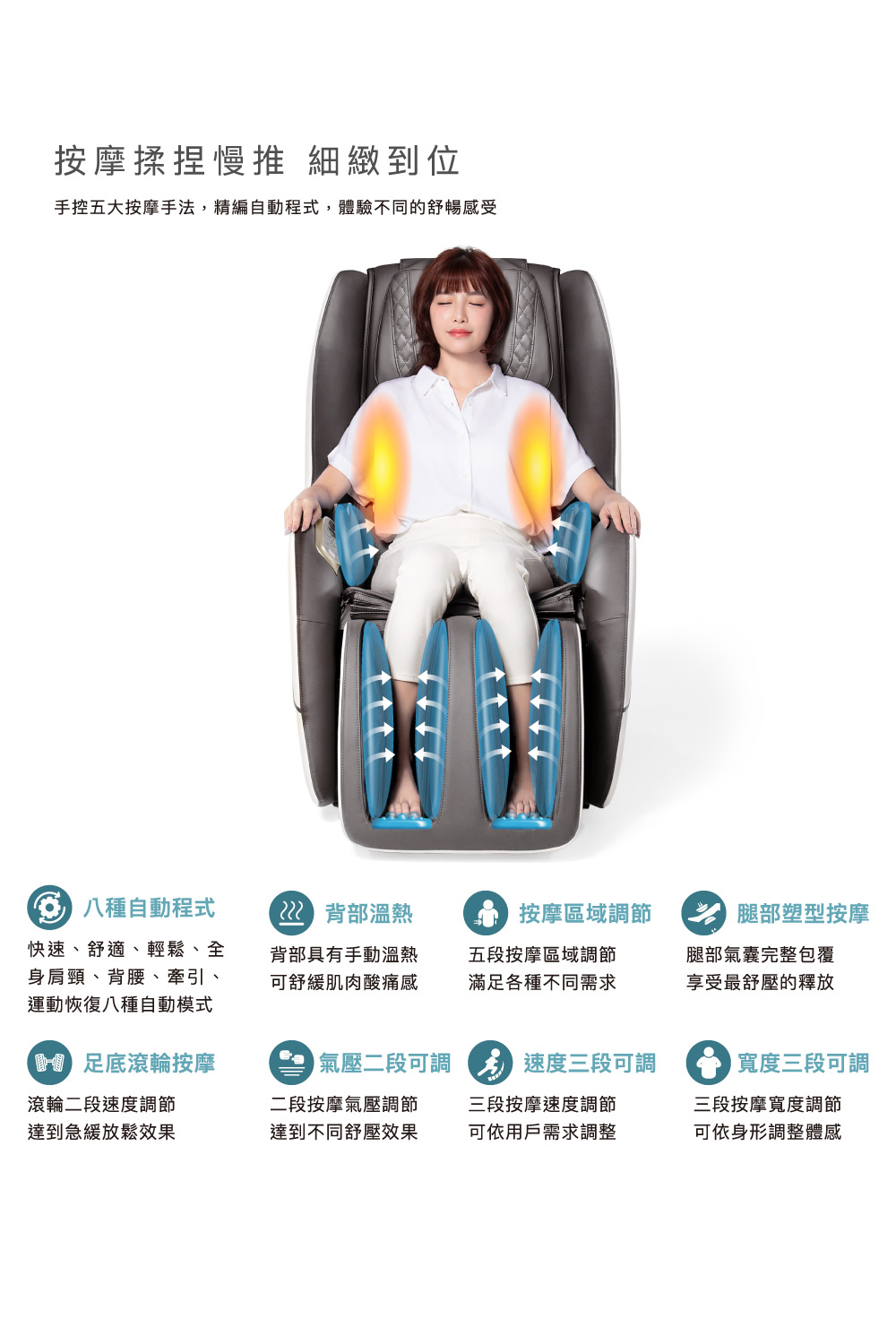 手控五大按摩手法,精編自動程式,體驗不同的舒暢感受