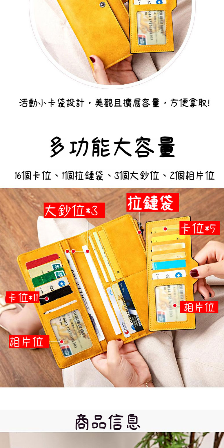 16個卡位、1個拉鏈袋、3個大鈔位、2個相片位