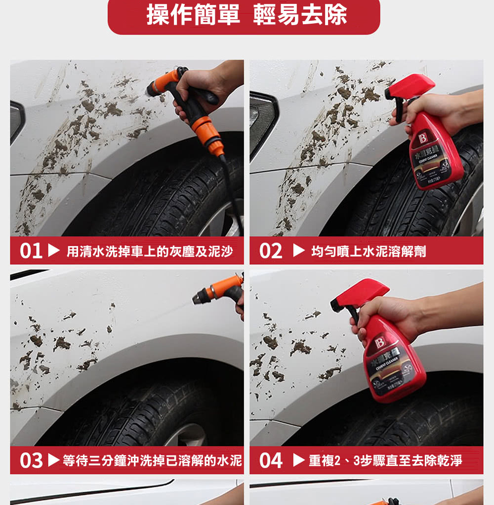 操作簡單 輕易去除 01 用清水洗掉車上的灰塵及泥沙 02 均勻噴上水泥溶解劑 水亮 水泥克星 03 等待三分鐘沖洗掉已溶解的水泥 04 重複2、3步驟直至去除乾淨