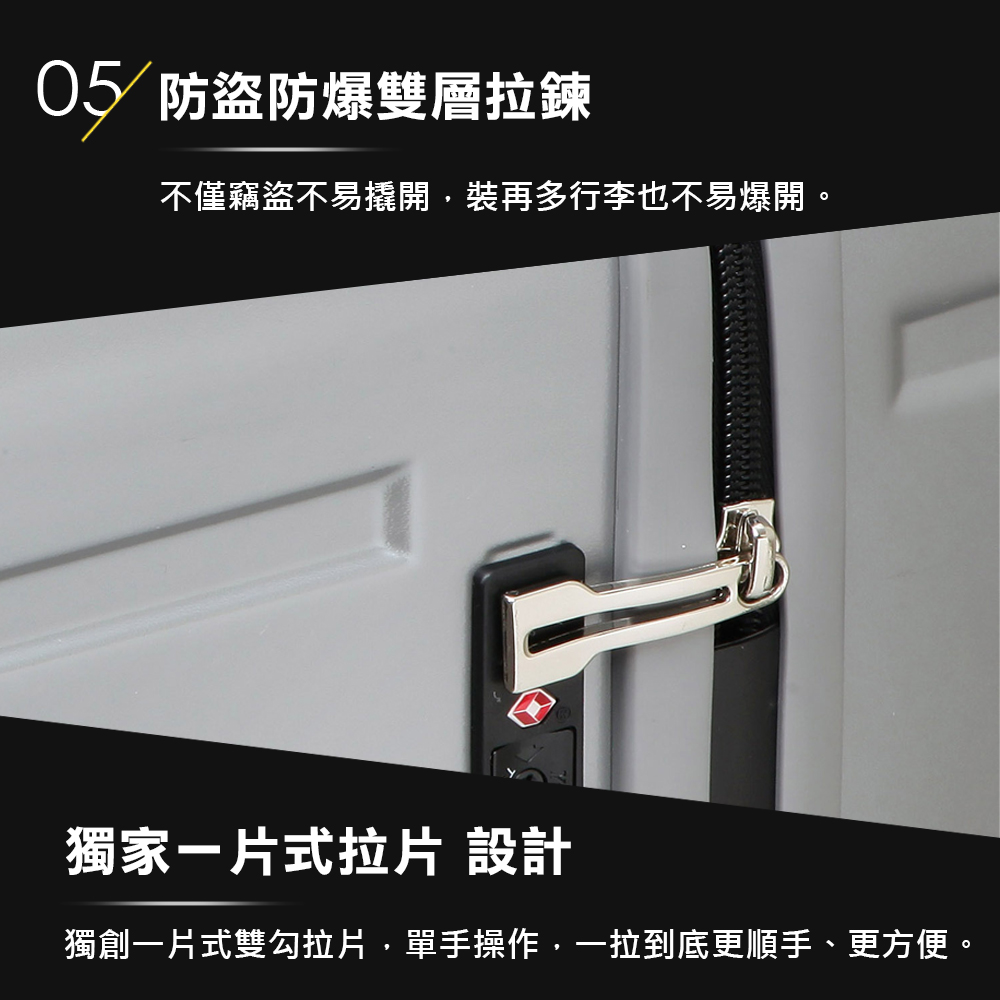 05 防盗防爆雙層拉鍊 不僅竊盜不易撬開,裝再多行李也不易爆開。 獨家片式拉片 設計 獨創一片式雙勾拉片,單手操作,一拉到底更順手、更方便。 