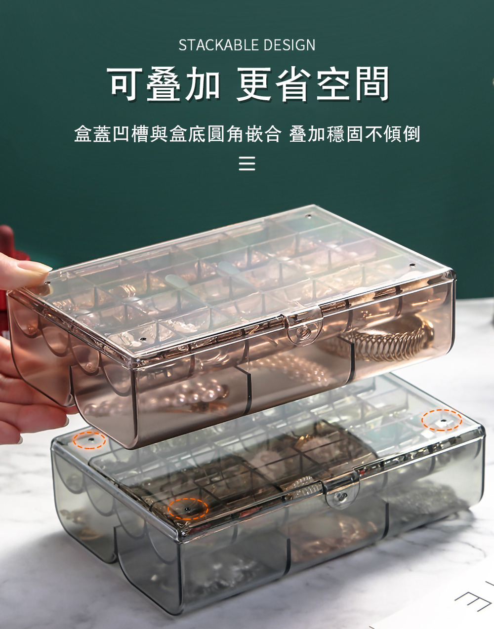 可叠加 更省空間 盒蓋凹槽與盒底圓角嵌合 叠加穩固不傾倒 