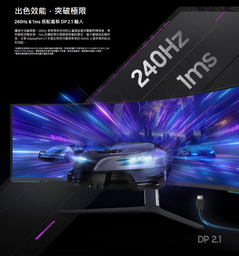 為達到全球首款 DUHD 和 240Hz 超高效能的完整支援,所使用的顯示卡須支援 DP 2.1 UHBR 13.5 及以上或