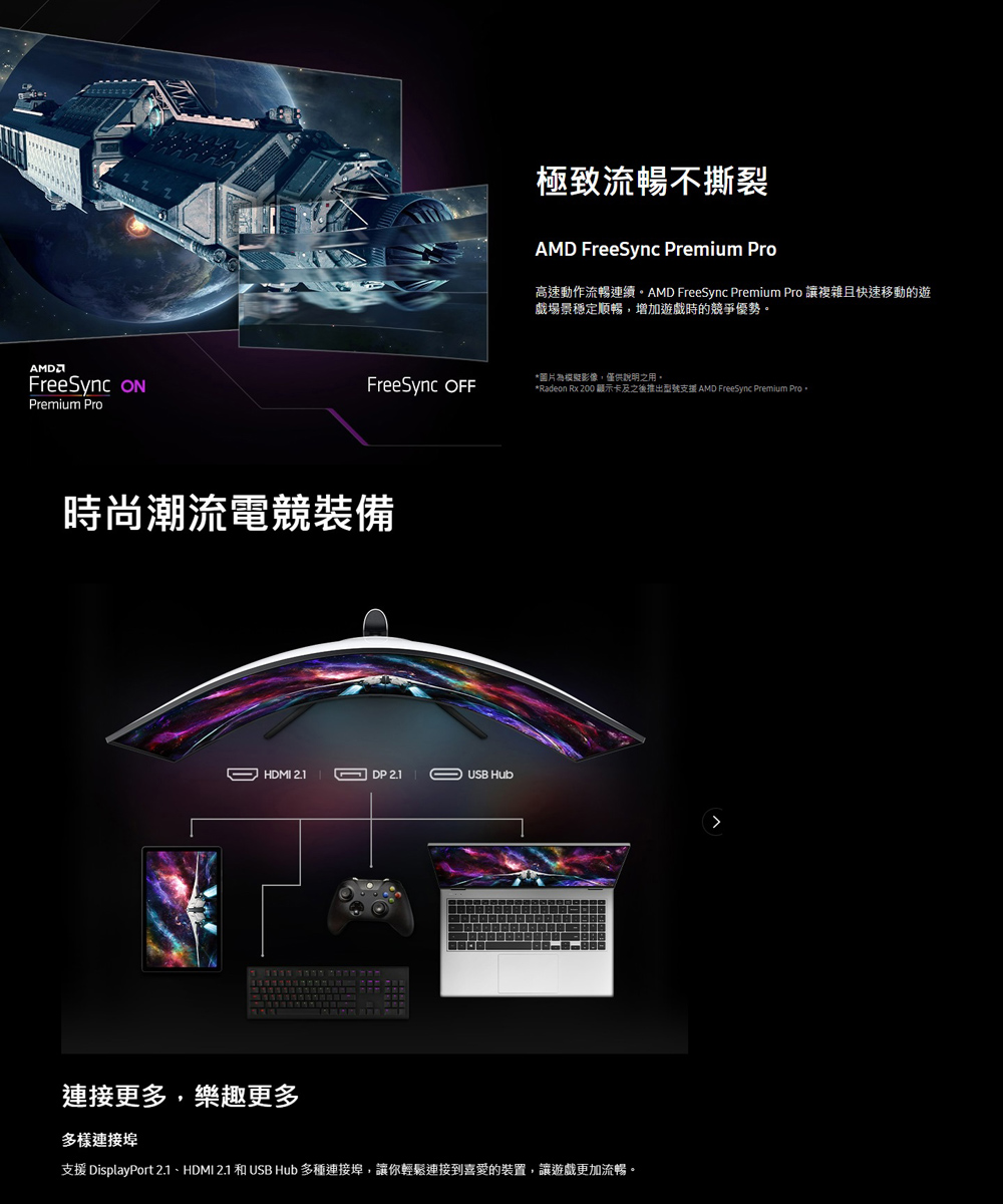 支援 DisplayPort 2.1、HDMI 2.1 和USB Hub 多種連接埠,讓你輕鬆連接到喜愛的裝置,讓遊戲更加流暢。