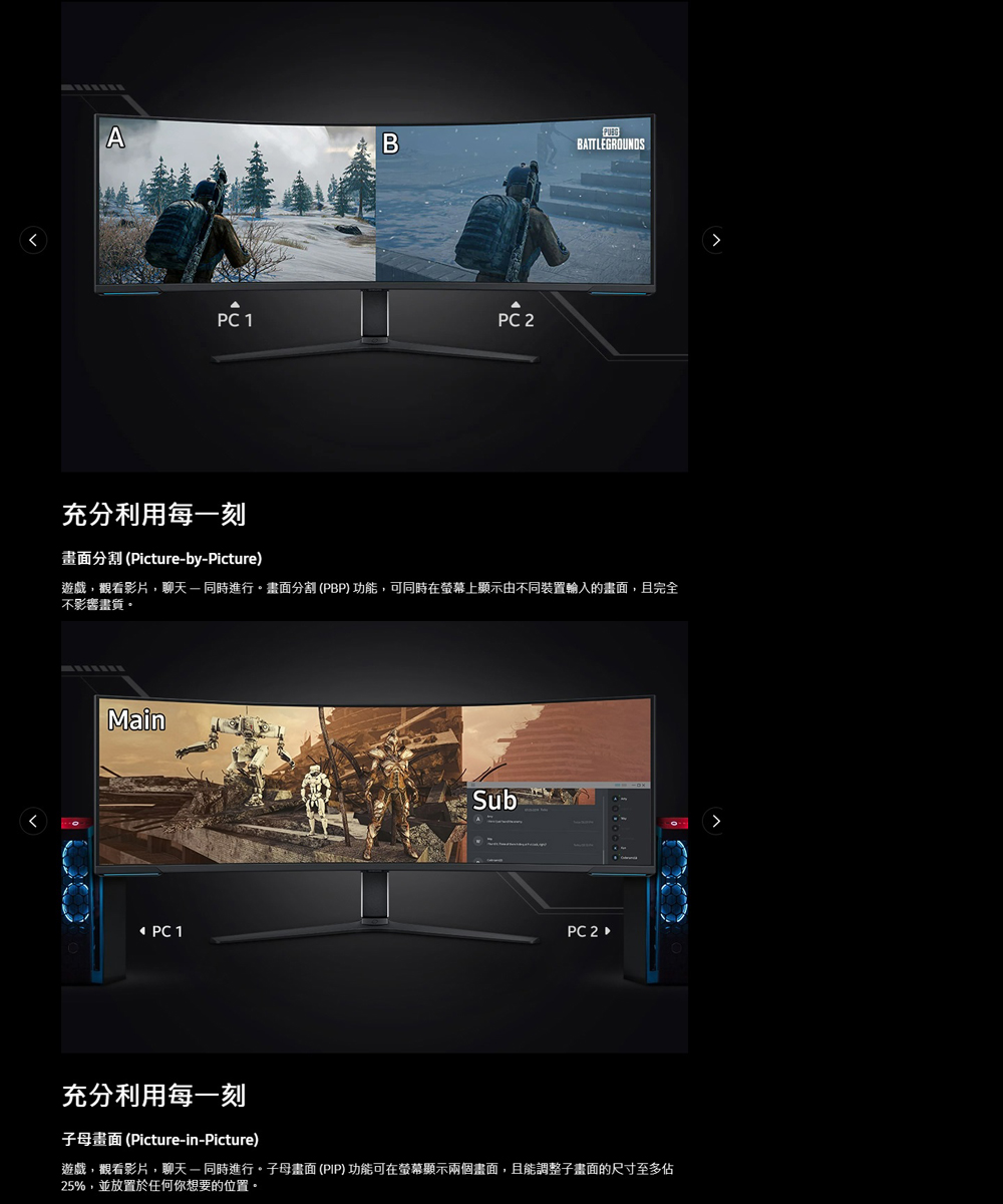 遊戲,觀看影片,聊天  同時進行。畫面分割 PBP 功能,可同時在螢幕上顯示由不同裝置輸入的畫面,且完全