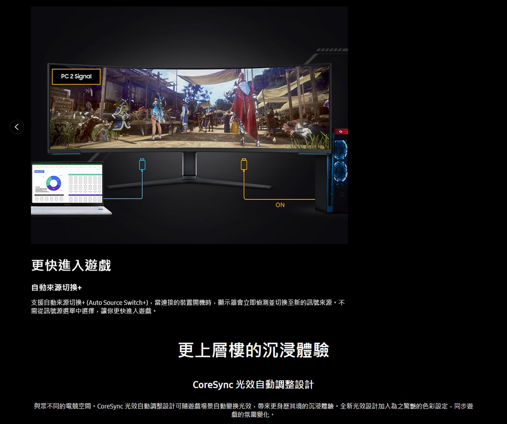 與眾不同的電競空間。CoreSync 光效自動調整設計可隨遊戲場景自動變換光效,帶來更身歷其境的沉浸體驗。全新光效設計加入為之驚艷的色彩設定,同步遊