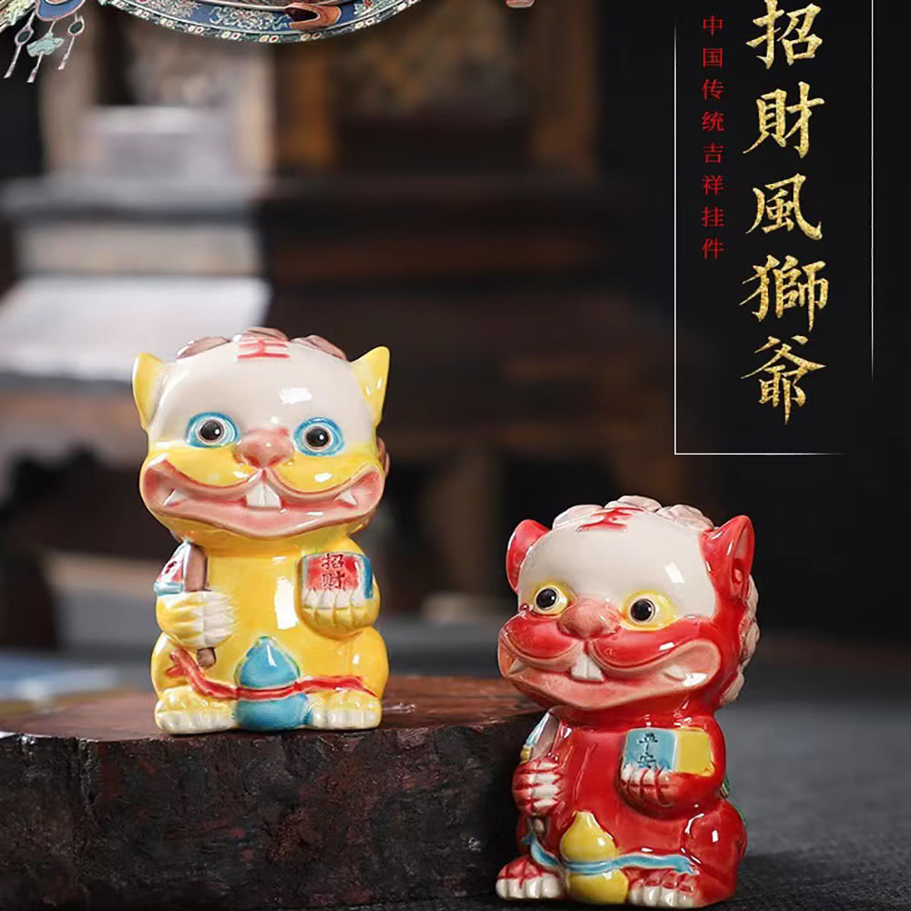 桃花源創意工坊】故宮風交趾陶金蟾風獅爺擺件貔貅茶寵手繪招財神獸車載