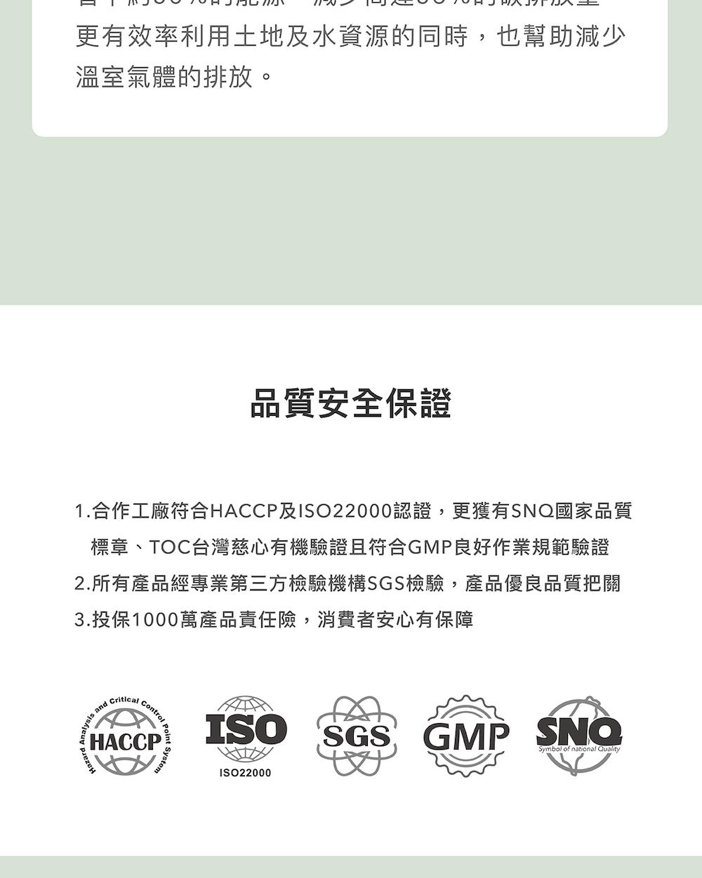 1.合作工廠符合HACCP及ISO22000認證,更獲有SNQ國家品質